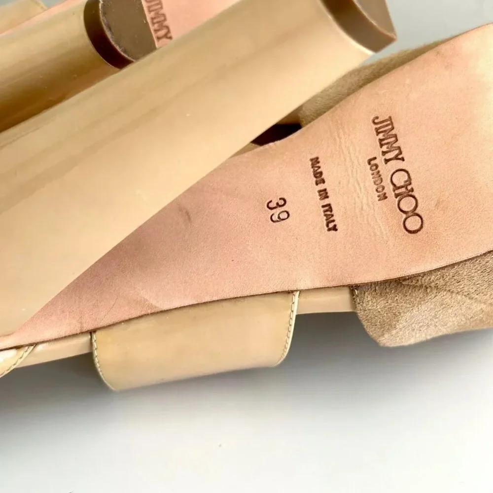 JIMMY CHOO Patent Leather Suede Platform Ankle Strap Sandals in Nude Size US 9